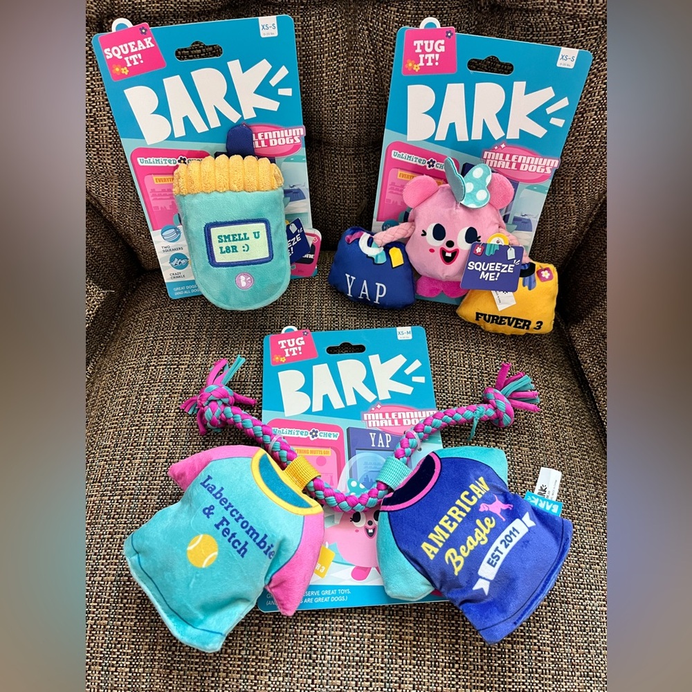 Bark Box Lot of 3 Millennial Mall Theme Dog Toys for XS to Medium Dogs